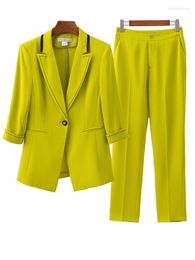 Women's Two Piece Pants Summer Spring Black White Green Pant Suit Ladies Women Half Sleeve Formal Blazer Jacket And Trouser Female Work Wear