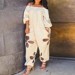 Women's Plus Size Jumpsuits Rompers Plus Size Women Jumpsuits Hollow Out Outfit Spring Solid Off Shoulder Jumpsuit Lady Wholesale Fashion Loose Pants 230711