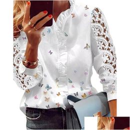 Women'S Blouses Shirts Womens Women Elegant Fashion Butterfly Print Top Ruffled Trim Casual Long Lace Sleeve Blouse Drop Delivery Dhsts