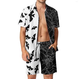 Men's Tracksuits Black Bat Men Sets Webs Print Two Tone Casual Shirt Set Fashion Beachwear Shorts Summer Design Suit 2 Piece Clothing 2XL