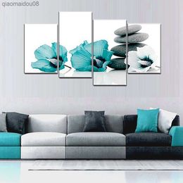 Large Teal Grey and White Lily Floral Canvas Wall Art Pictures for Bedroom Wall Decor Flower Prints Multi Wall Art Dining Room L230704