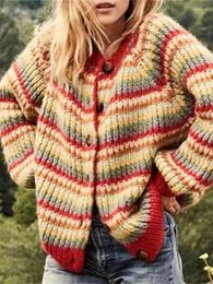 Women's Knits Women Crochet Colorful Striped Wool Knitted Cardigan 2023 Ladies Vintage Loose Long-Sleeve Sweater Classic