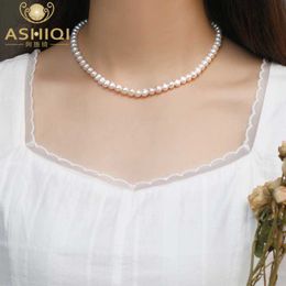 Pendant Necklaces ASHIQI 6-7mm Natural Freshwater Pearl Chokers Necklace 925 Sterling Silver Jewelry for Women Gift New Fashion HKD230712