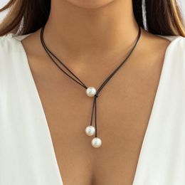 Chains Boho Imitation Pearl Pendant Collarbone Necklace Girls 2023 Simple Adjustable Black Wax Rope Women's Fashion Jewelry