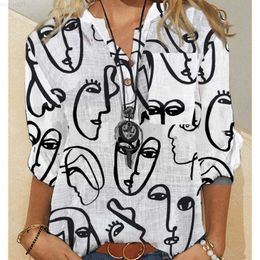 Women's Blouses Shirts Vintage Abstract Face Fun Blouse Women Long Sleeve Shirts Summer Tops 2021 New Streetwear Fashion Ladies Button Loose Tees L230712