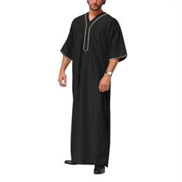 Men's Casual Shirts Mens Loose Muslim Arab Dubai Robe Middle Sleeve Button Shirt Dress Striped