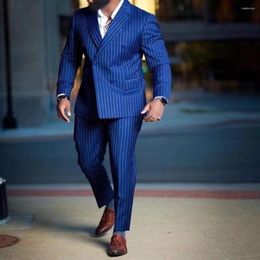 Men's Suits Royal Blue Pinstripe Men 2023 Plus Size Customised Peaked Lapel Double Breasted Wedding Grooms Tuxedos (Jacket Pants)