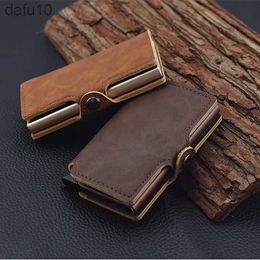 RFID Business Holder Men Multifunction Automatic Aluminium Alloy Leather Cards Case Mini Wallet Slim Coin Purse L230704