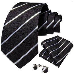 Bow Ties Classic White Striped Black Silk For Men 8cm Formal Business Accessories Necktie Set Handkerchief Cufflinks Gift Wholesale