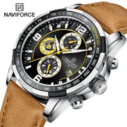 NAVIFORCE 2022 New Chronograph Military Sports Watch for Men Waterproof Genuine Leather Wristwatches Quartz Luminous Male Clock