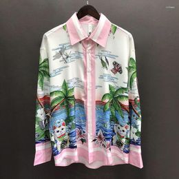 Men's Casual Shirts 2023Spring Holiday Mediterranean Tide Brand Long Sleeved Shirt Print Pink Loose Cardigan Men Hawaiian Chemise Homme