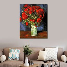 Handmade Vincent Van Gogh Oil Painting Vase with Red Poppies Modern Canvas Art Modern Still Life Living Room Decor