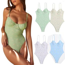 Women's Swimwear Floral Underwire Chest Pad Sling Low Cut Jumpsuit Swimsuit Lace-up Print Solid Female Beachwear Bikinis 2023 Mujer