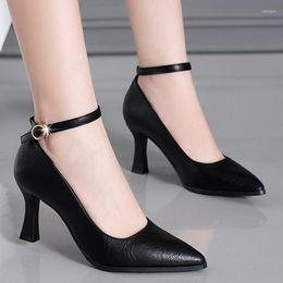 Dress Shoes Sexy Pointed Toe Stiletto High Heels Women's Black Ankle Strap Non-slip Soft PU Leather Professional Office 2023