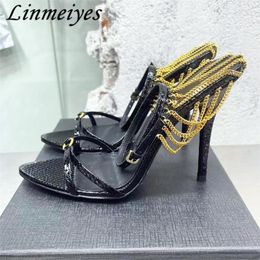 Sandals S Luxury Gladiator Women Fashion Ankle Buckle Strap Party Prom Shoes Crystal Chain Stiletto Mujer