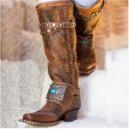 Boots Woman Vintage Fashion Women Knee High Boots Leather Riding Boots Medieval Cowgirl Boots Autumn Winter Ladies Flat Boots L230712