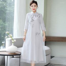 Ethnic Clothing Women Robe Oriental A-line China Style Gown Age Reduction Belly Covering Chinese Hanfu Embroidery Improved Cheongsam Dress