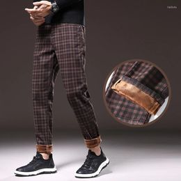 Men's Pants Winter Plaid Warm Fleece High Quality Cotton Stretch Classic Clothing Fashion Slim Fit Casual Trousers Plus Size 40