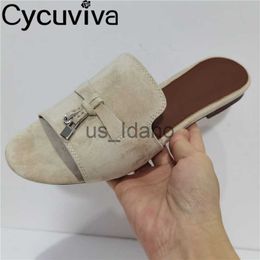 Slippers Slippers Summer Open Toe Kid Suede Flat Mules Loafers Women Tassel Metal Lock Outdoor Leather Designer Beach Shoes 230421 J230712