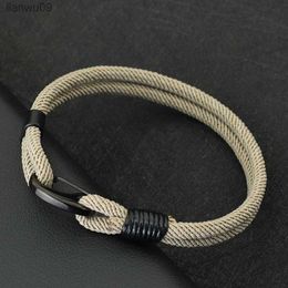 New Men Rope Bracelet Stainless Steel Black Buckle Double Layer Pulsera Hombre Braclet Cordon Homme Gift For Him Erkek Bileklik L230704