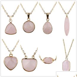 Pendant Necklaces 8Styles Natural Stone Pink Rose Quartz Heart Round Shape Necklace For Women Jewelry Drop Delivery Pendants Dh6Ax