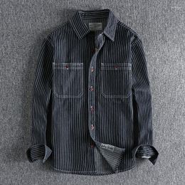 Men's Casual Shirts Autumn American Retro Heavyweight Denim Cargo Embroidery Striped Shirt Fashion Pure Cotton Washed Blouses Jacket