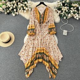 Casual Dresses Retro Fashion Long Sleeve V-neck Floral Dress With Lace Up Waist For Women Irregular Holiday Occasion 2023