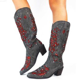 Boots AOSPHIRAYLIAN Vintage Western Denim Red Flower Sewn Flower Embroidery Women's Boots 2023 Crystal Denim Women's Shoes L230712