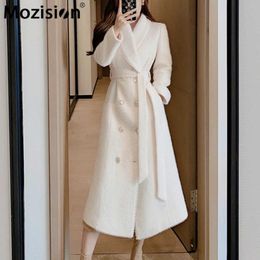 Women's Wool Blends Mozision Notched Collar With Sashes Woolen Coat Women Solid Double Breasted Mid-length Overcoat Ladies High Street Wool Coat HKD230712