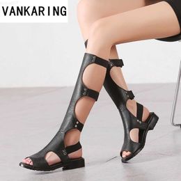 Boots classic design fashion gladiator summer sandals women knee high boots ladies sexy cut-outs black boots leather dress shoes woman L230712