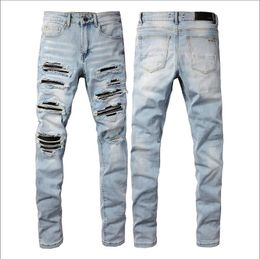 Mens Plated Ripped Blue Skinny Jeans Fashion Designer Distressed Slim Fit Motorcycle Biker Hole Beggar Hip Hop Denim Pants