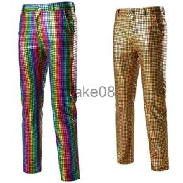 Men's Pants Shiny Gold Rainbow Sequin Plaid Trousers Men Disco Nightclub Stage Prom Bling Pants Men Christmas Party Dancer Singer Come J230712