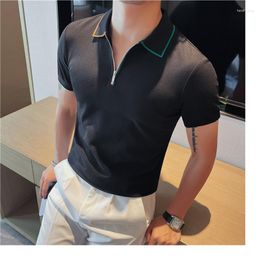 Men's Polos British Style Black And White Lapel Short-sleeved Cotton Polo Shirt Summer Solid Color Casual Slim Zipper