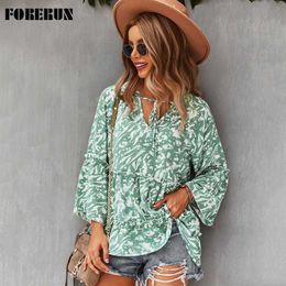 Women's Blouses Shirts FORERUN Women's Blouse 2022 V-Neck Chiffon Ruffle Flare Sleeve Top Printed Casual Autumn Spring Blusas Mujer De Moda Sales L230712