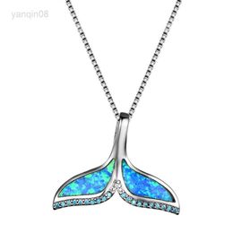 Pendant Necklaces 925 Sterling Silver Necklaces Blue Opal Ocean Sea Fish Whale's Tail Mermaid Pendant Necklaces Women Jewellery HKD230712