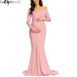 Women's Off Shoulder Maternity Slim Fitted Gown Cross-Front V Neck Wrap Ruched Long Sleeve Pregnancy Maxi Photography Dress L230712