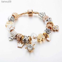 ANNAPAER Gold Plated Dropshipping Crown Heart Charms Abalorio Fashion DIY Crystal Snow Beads Fit Pan Bracelets European Jewellery L230704