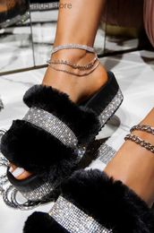 Slippers Luxury Designer Women Fur Rhinestone Slippers Platform Wedges Heel Solid Fluffy Furry Slides Outside Sexy Shoes Ladies Whosale T230712