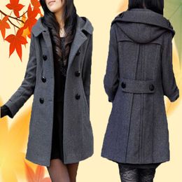 Women's Wool Blends women's autumn and winter new mid-length double-breasted hooded coat plus fat thick woolen coat plus size windbreaker HKD230712