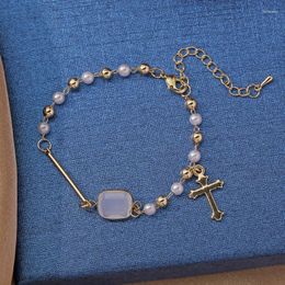 Charm Bracelets Vintage Square Cubic Zirconia Pearl Bracelet For Women Korean Female Cross Pendant Bangles Fashion Jewelry Accessories