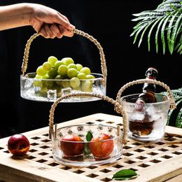 Plates Fruit Tray Living Room Household Ice Bucket Bamboo Rattan Handle Glass Plate Basket Products Kitchenware