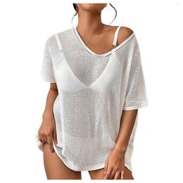 Women's Swimwear Ladies Sexy High Waist Chiffon See-Through Beach Dress Bikini Cover Up Summer V-Neck White Short Sleeve Bathing Suit