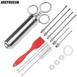 Meat Poultry Tools AREYOUCAN Marinade Injector Stainless Steel BBQ Syringe 2 Ounce Capacity with 6 Needles Silicone Brush 230712