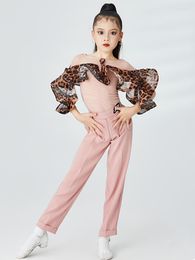 Stage Wear 2023 Girls Latin Dance Clothes Leopard Pink Tops Pants Cha Practise Ballroom Dress For Kids Suit DNV17641