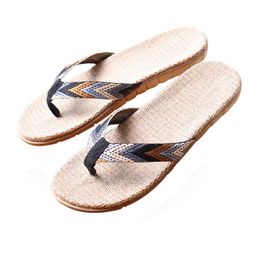 Slippers ISSACOCO Men's Linen Flip Flops Striped Ribbon Sandals Flat EVA NonSlip Slides Home Man Casual Straw Beach Shoes 230711