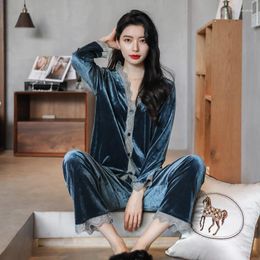 Women's Sleepwear Vintage Velour Pyjamas Sets 2PCS Sexy Women Warm Nightwear Autumn Winter Full Pants Pyjamas Simple Loose Homewear