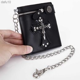 Fashion Cool PU Leather Punk Gothic Skull Cross Clutch Purse Wallets With Chain For Women Men L230704