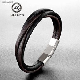 Bobo Cover New Fashion quality Leather Rope Bracelet Men Stainless Steel Buckle Women Braid Multilayer Wrap Charm Bracelet homme L230704