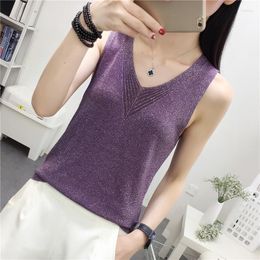 Women's Tanks V-neck Tank Top Women Summer Sleeveless Knitted Black White Gray Green Purple