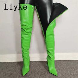 Boots Liyke 2023 New Green Leather Over The Knee Thigh High Boots Women Sexy Pointed Toe Zip 11.5CM Heels Nightclub Stripper Shoes L230712